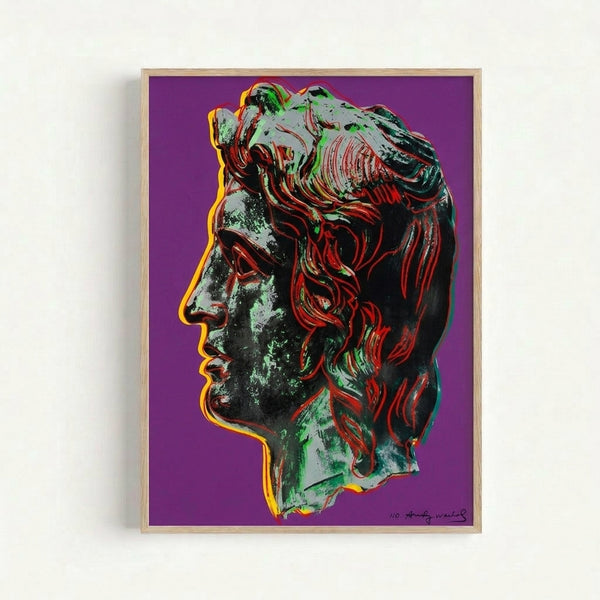 Regal figure of Alexander the Great depicted in striking purple hues with high-contrast graphic elements, showcasing contemporary pop art interpretation on a framed poster.