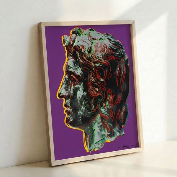 Purple-toned portrait print of Alexander the Great in pop art style, featuring bold outlines and saturated colors characteristic of modern Warhol-inspired design.