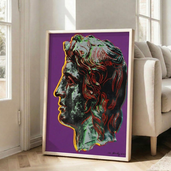 Framed art print depicting Alexander the Great in vibrant purples with graphic pop art sensibility, blending historical subject matter with contemporary visual language.