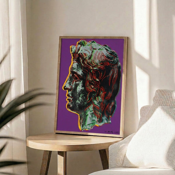 Alexander the Great rendered in luminous purple shades using bold pop art techniques, displayed as a sophisticated wall-mounted poster print.