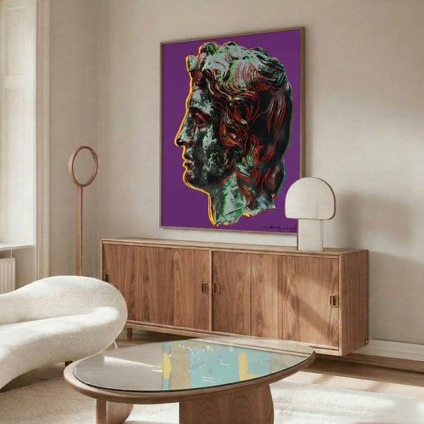 Modern pop art interpretation of Alexander the Great in rich purple tones with graphic silkscreen-style aesthetics, presented as a framed museum-quality print.