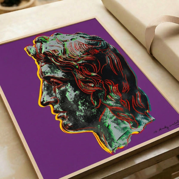 Alexander the Great portrait in striking purples and contrasting hues, executed in dynamic pop art style and mounted as a contemporary gallery wall piece.