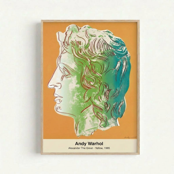 High-contrast modern art print featuring a classical male portrait in bright yellow and magenta tones against black and white, exemplifying pop art's bold aesthetic approach.