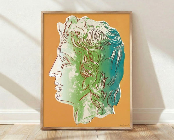 Bold yellow pop art portrait of Alexander the Great, rendered in vibrant Warhol-style silkscreen technique with high-contrast colors and graphic simplicity.