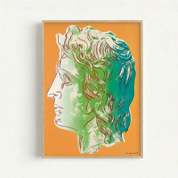 Framed pop art print featuring Alexander the Great in striking yellow tones, showcasing modern minimalist portraiture with characteristic bright color blocking.