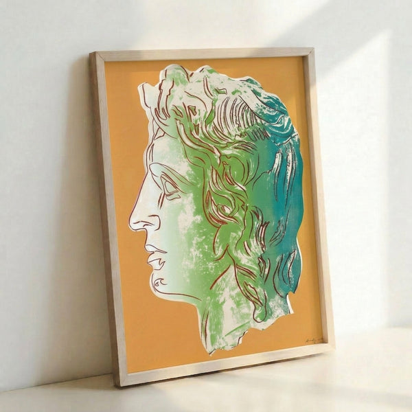 Contemporary pop art interpretation of Alexander the Great in sunny yellow hues, displayed as a framed wall poster with bold graphic lines and vivid color contrast.