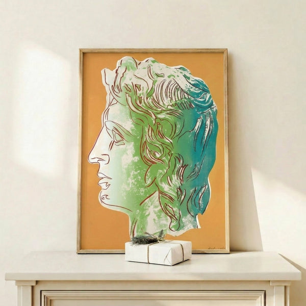 Modern yellow pop art portrait celebrating Alexander the Great, featuring the iconic silkscreen aesthetic with flat color planes and expressive brushwork.
