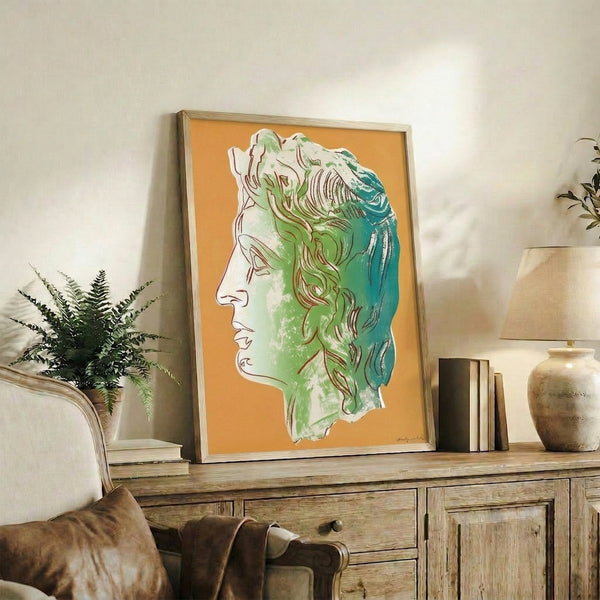 Alexander the Great rendered in luminous yellow pop art style, framed as a striking modern poster with high-impact color saturation and bold contour definition.