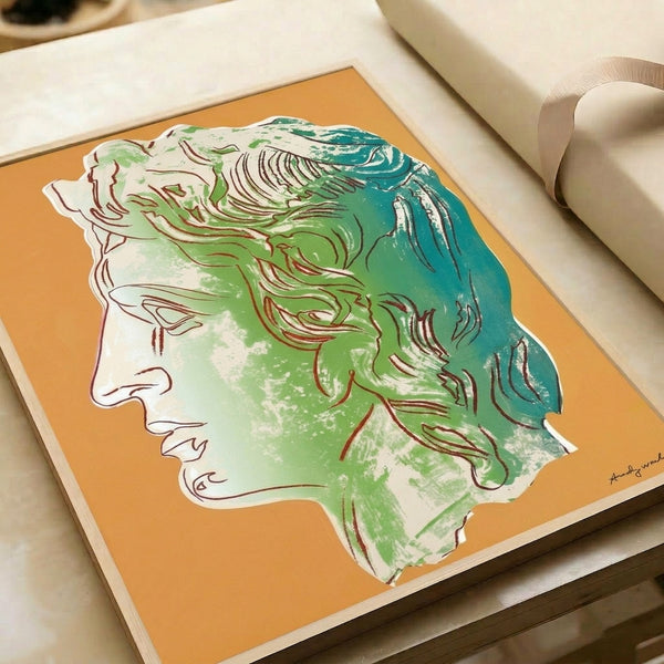 Pop art wall print portraying Alexander the Great in radiant yellow, combining historical subject matter with contemporary graphic design and vivid chromatic intensity.