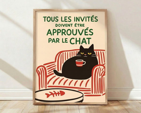 Vintage art nouveau style poster featuring a black cat lounging in a chair with a coffee cup and fishbowl, rendered in cream, forest green, red, and yellow tones with whimsical charm.