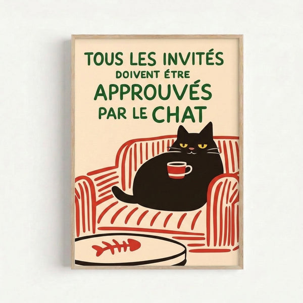 Retro framed poster art showing a relaxed black cat in a cozy chair surrounded by coffee and a fish bowl, illustrated in warm creams and rich forest greens with art nouveau flair.