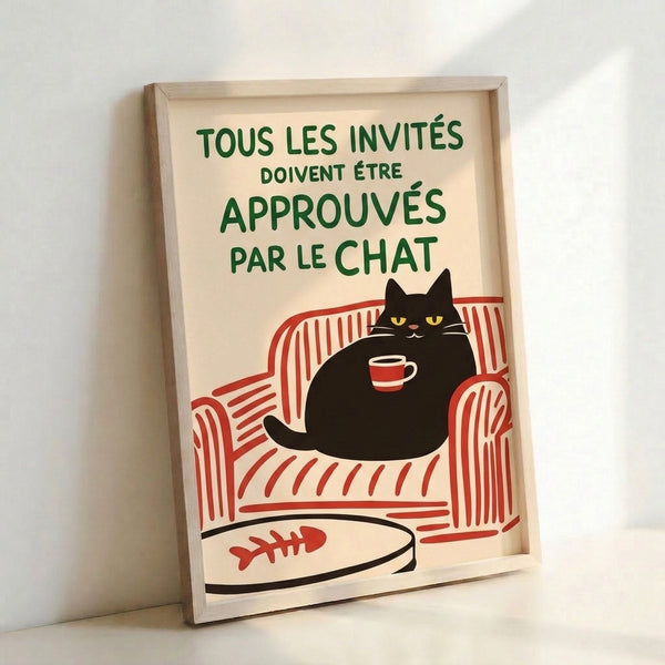 Charming vintage-style wall art depicting a black cat at leisure with coffee cup and fish bowl accessories, painted in a palette of cream, red, yellow, and forest green with playful character.