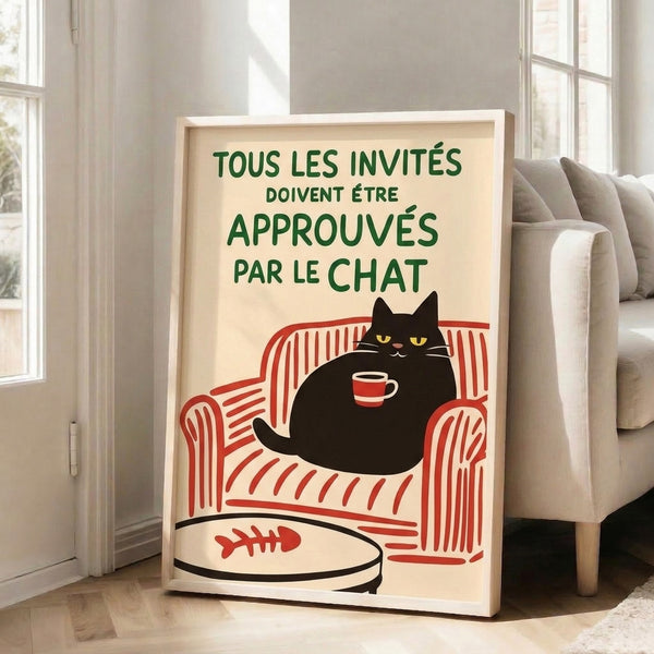 Art nouveau inspired poster of a whimsical black cat seated comfortably with coffee and fishbowl, featuring soft creams, forest green, and accent colors in a cozy, nostalgic design.