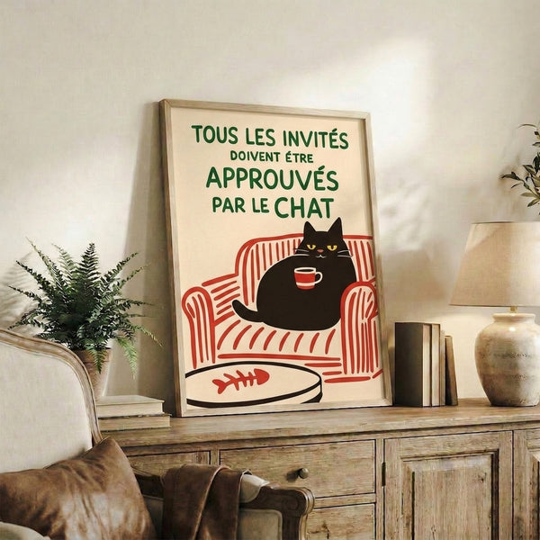 Retro cat illustration poster in art nouveau style showing a content black feline in a chair with coffee cup and fishbowl, rendered in warm creams, forest green, red, and yellow.