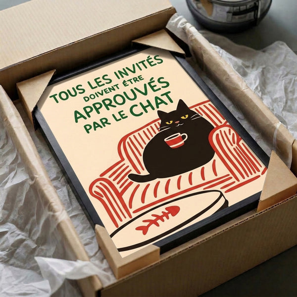Cozy retro poster art displaying a relaxed black cat enjoying coffee beside a fishbowl, illustrated in art nouveau style with a palette of cream, forest green, red, and yellow tones.