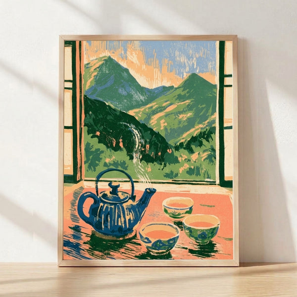 Vintage Art Nouveau woodblock print depicting a serene mountain landscape with a teahouse window framing a teapot and teacup, rendered in forest green, cornflower blue, terracotta, and cream tones.