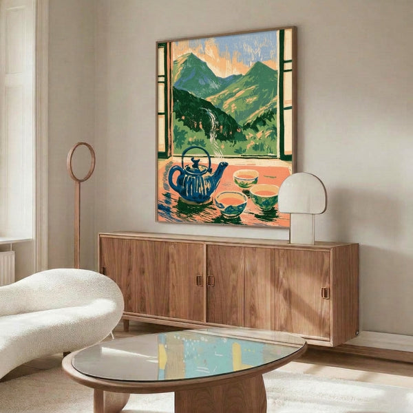 Vintage woodblock poster in Art Nouveau style portraying an inviting teahouse mountain view with landscape elements, colored in soothing forest green, cream, and terracotta.