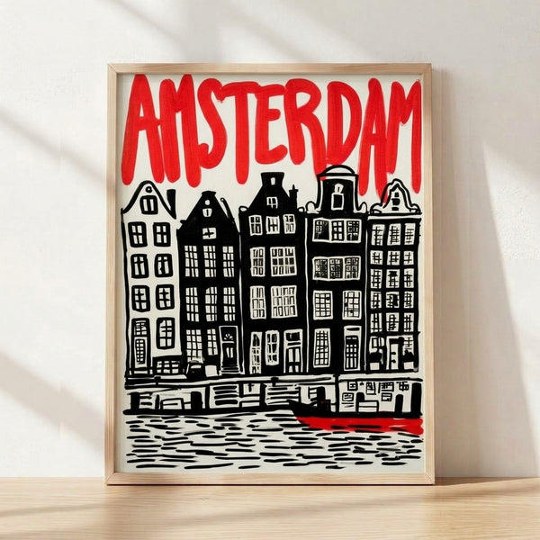Vintage-style framed poster of Amsterdam canal houses with bold red, black, and white line art depicting traditional architecture along waterways with a boat, evoking nostalgic travel aesthetics.
