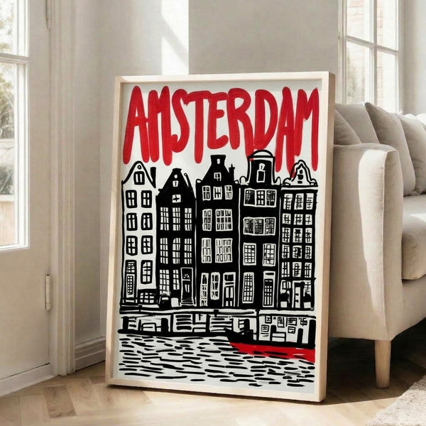 Retro art print featuring graphic line drawings of iconic Dutch canal houses in red and black on cream background, capturing the charm of Amsterdam's historic waterfront.