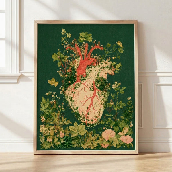 Surreal anatomical heart intertwined with blooming flowers, delicate leaves, and butterflies in forest green, coral red, and cream tones; vintage botanical art print with whimsical romantic mood.
