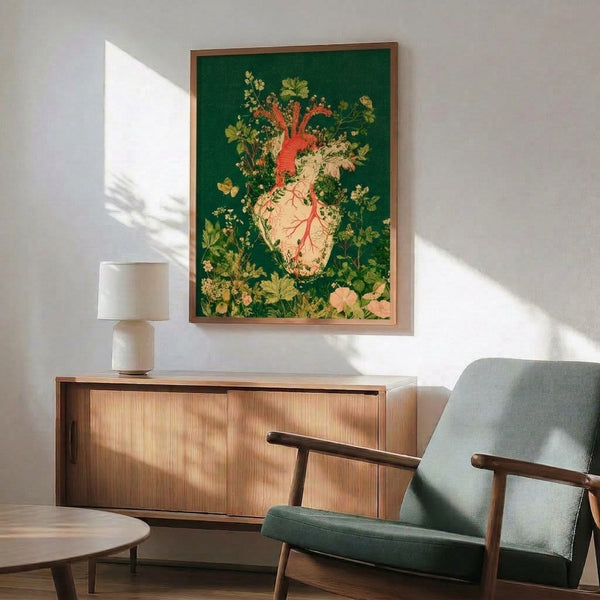 Anatomical heart illustration merged with flourishing botanicals, butterflies, and flowing foliage in muted coral, forest green, and cream; whimsical surreal art print with cottagecore aesthetic.