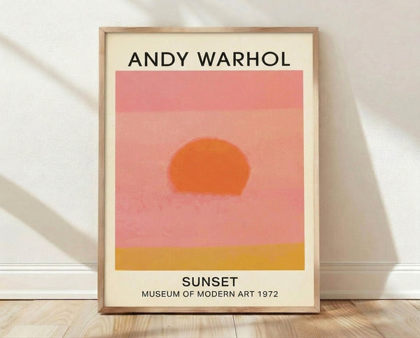 Warhol-inspired pop art sunset poster in warm cream, rose pink, and golden yellow hues, featuring a minimalist sun and sky composition with a serene, contemplative mood.