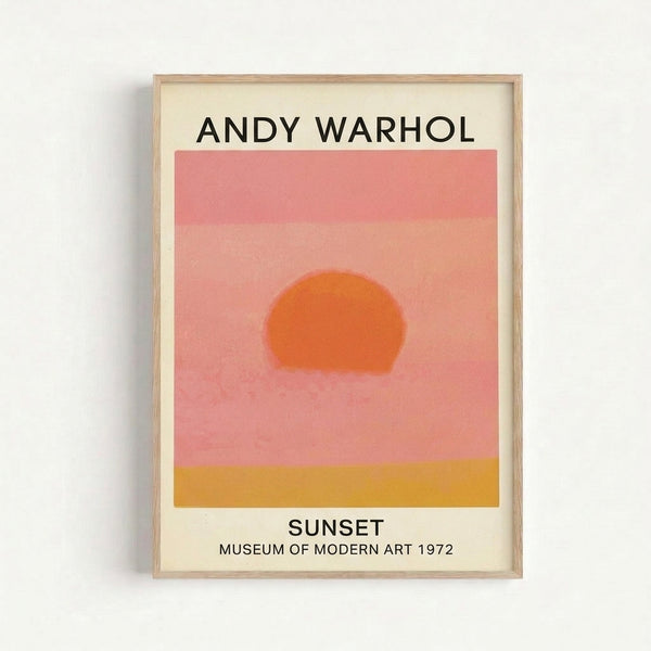 Framed modern pop art print depicting a stylized sunset with soft peach and orange tones against a cream background, creating a warm and meditative atmosphere.