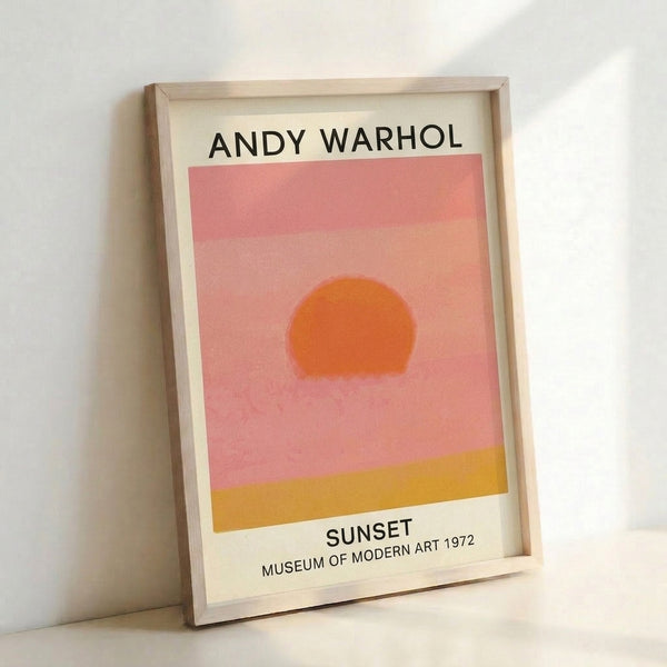 Pop art sunset artwork in vibrant golden yellow and rose pink with minimalist design, evoking a serene and warm aesthetic on a cream field.