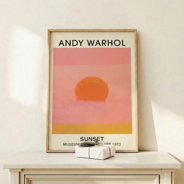 Minimalist pop art poster featuring a serene sunset composition in soft peach, orange, and golden yellow, framed for contemporary wall display.