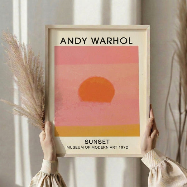 Pop art style sunset artwork in soft peach, orange, and warm golden yellow with a contemplative, serene quality and minimalist composition.