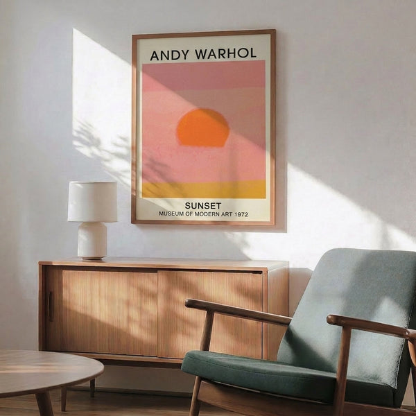 Stylized sunset pop art print in cream, rose pink, and golden yellow offering a warm, contemplative aesthetic in contemporary minimalist design.