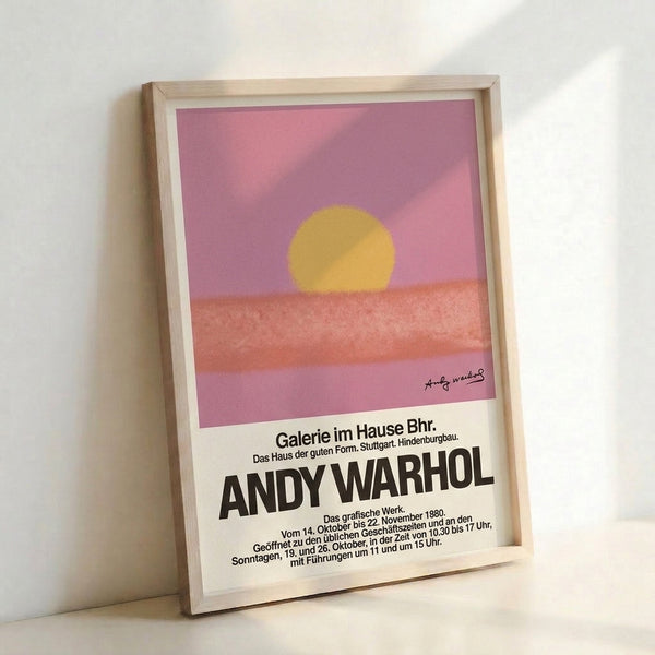 Modern art print depicting a radiant sunset sun in golden and mauve tones against a calm horizon, pop art style wall decor with minimalist appeal.