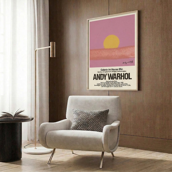 Contemporary pop art sunset poster with a prominent glowing orb in terracotta and cream against a serene horizon, minimalist wall art in modern style.
