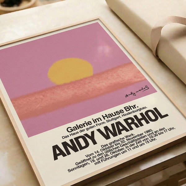 Pop art exhibition print capturing a luminous sunset sun in mauve pink and golden tones, minimalist composition evoking quiet contemplation.