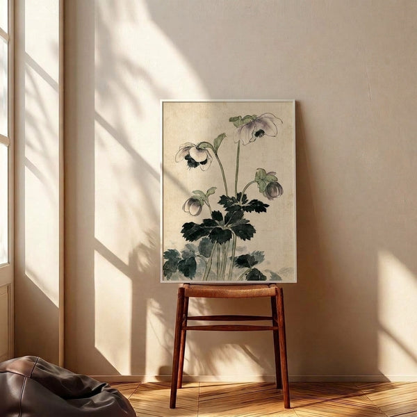 Soft naturalistic watercolor painting featuring an anemone bloom with black line-art details, cream background, and muted green foliage in a framed poster.
