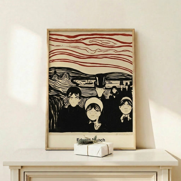 Expressionist framed poster showing an abstract faceless silhouette in swirling blues and dark reds, set against a brooding sky that captures a sense of psychological intensity and vulnerability.