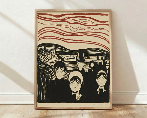Abstract expressionist poster featuring distorted faceless figures in swirling brushstrokes of deep reds, blues, and earth tones, conveying psychological unease and existential dread.