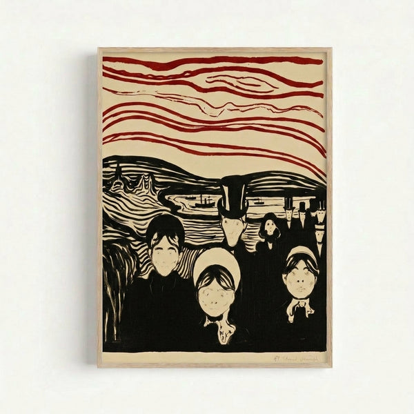 Framed art print displaying Munch's iconic composition with ghostly silhouettes rendered in bold, turbulent strokes against a moody background of warm and cool hues.