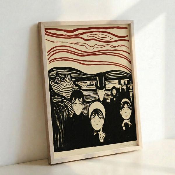 Vintage-style poster showing abstracted human forms in an unsettling composition of expressive colors and curves, capturing a sense of inner turmoil and anxiety.