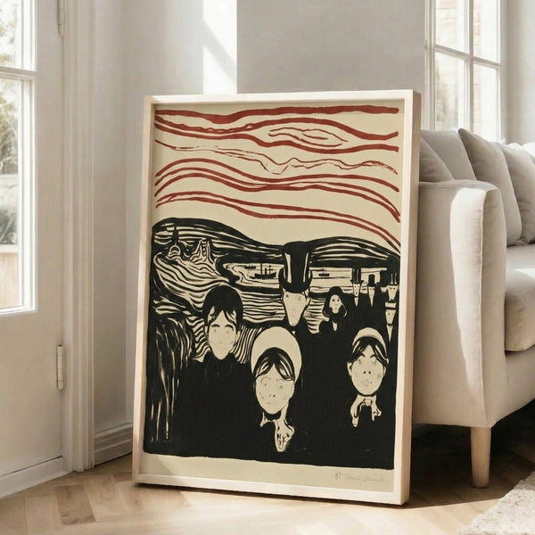 Modernist wall art depicting faceless figures in an anxious, dreamlike setting rendered through dramatic color contrasts and emotional brushwork in reds, blues, and ochre tones.