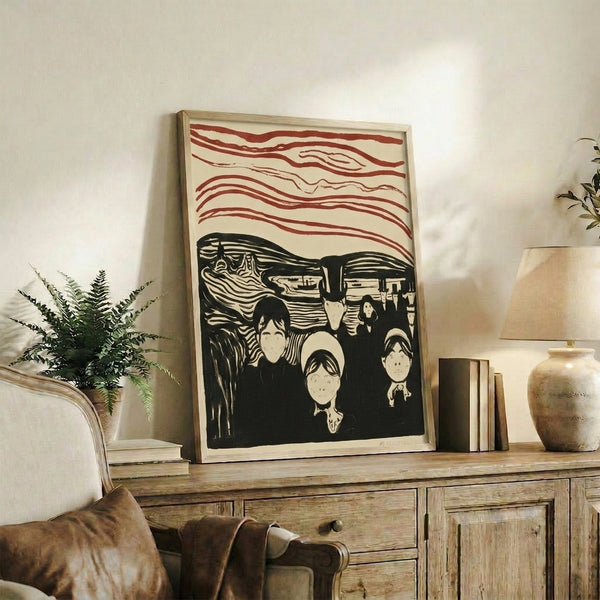 Framed expressionist print with distorted silhouettes set against a swirling, atmospheric backdrop of crimson, azure, and neutral tones evoking psychological intensity.