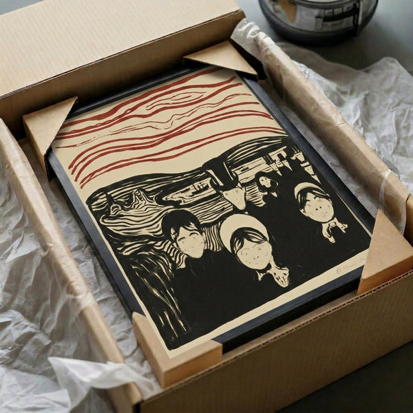 Wall art print rendered in early modernist style showing ethereal figures amid turbulent brushstrokes and a moody color scheme of deep reds, blues, and ochres.