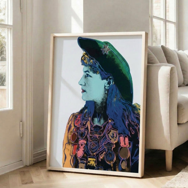 Warhol-style framed pop art print depicting Annie Oakley with bold color variations and graphic silkscreen aesthetic characteristic of the famous Cowboys and Indians series.