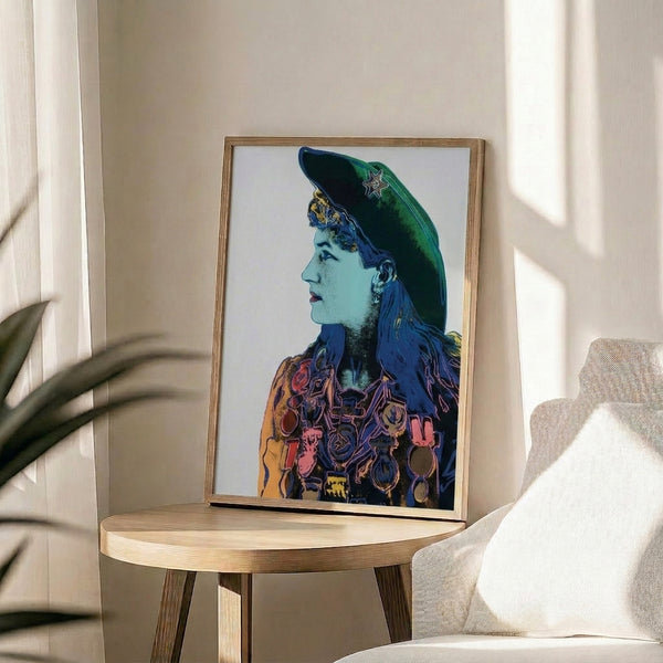 Framed retro pop art poster celebrating Annie Oakley in vibrant, contrasting colors with graphic portrait treatment typical of 1960s Warhol masterpieces.
