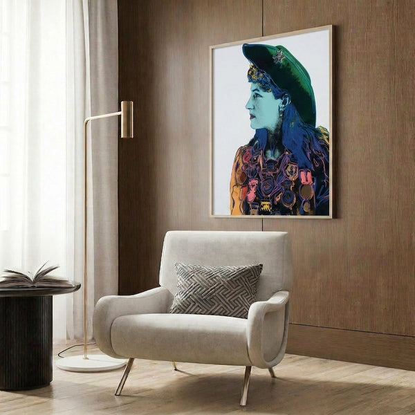 Annie Oakley portrait rendered as a framed pop art poster in vivid colors and simplified forms, showcasing the distinctive visual language of 1960s Warhol artwork.