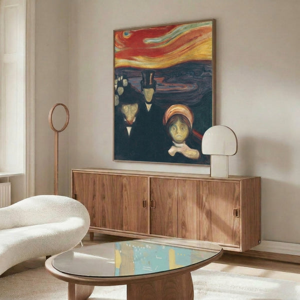 Wall art poster of a shadowy, abstracted figure rendered in earthy and dark hues, conveying existential worry and emotional turbulence.