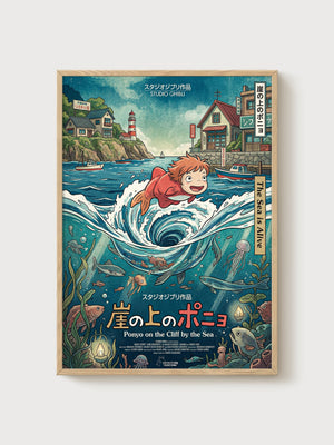 Ponyo Poster poster in oak frame