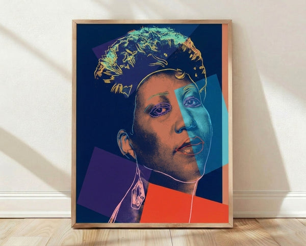 Pop art portrait of Aretha Franklin in vibrant, contrasting colors celebrating the Queen of Soul with bold graphic style.