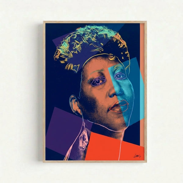 Framed pop art print featuring Aretha Franklin in bright, saturated hues with strong black outlines in Warhol-inspired style.