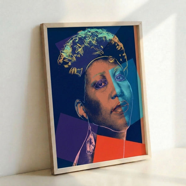 Aretha Franklin portrait in vivid pop art colors, a striking modern wall art celebrating the legendary soul singer.